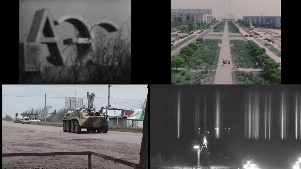 grid of four film stills, archival images of large architectural lettering, an aerial view of a broad avenue flanked by apartment blocks, vertical streaks of light, an armored vehicle on a city street viewed from inside a building